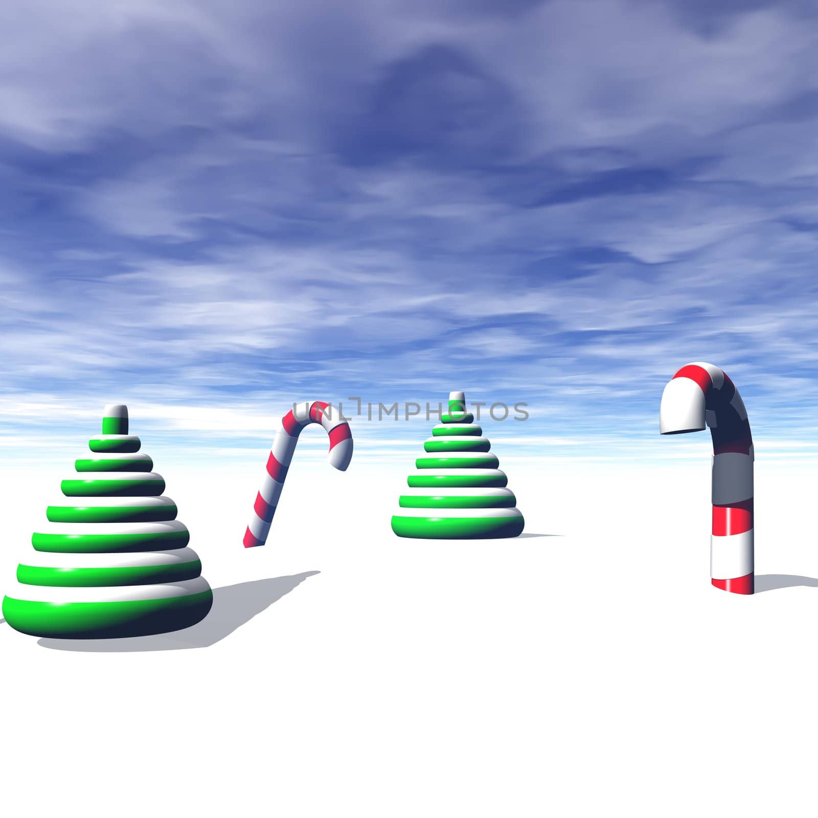 A virtual would with abstract Christmas Trees and Candy Canes.