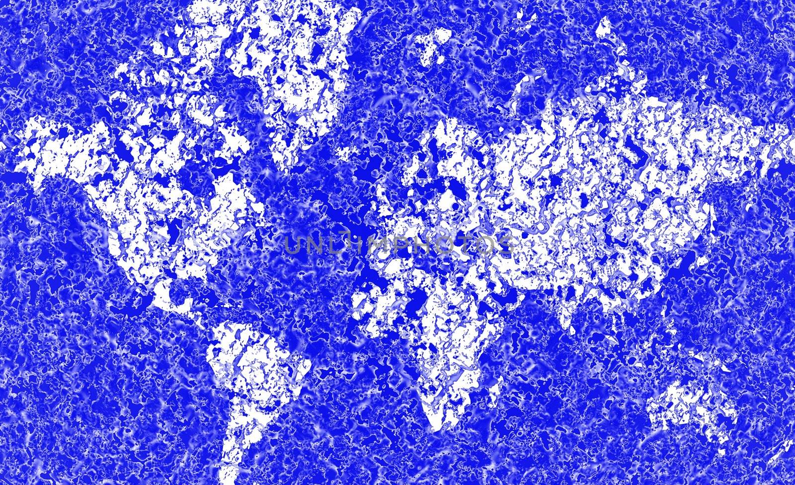 An abstract map of the world with the appearance of being seen through an ice covered window.