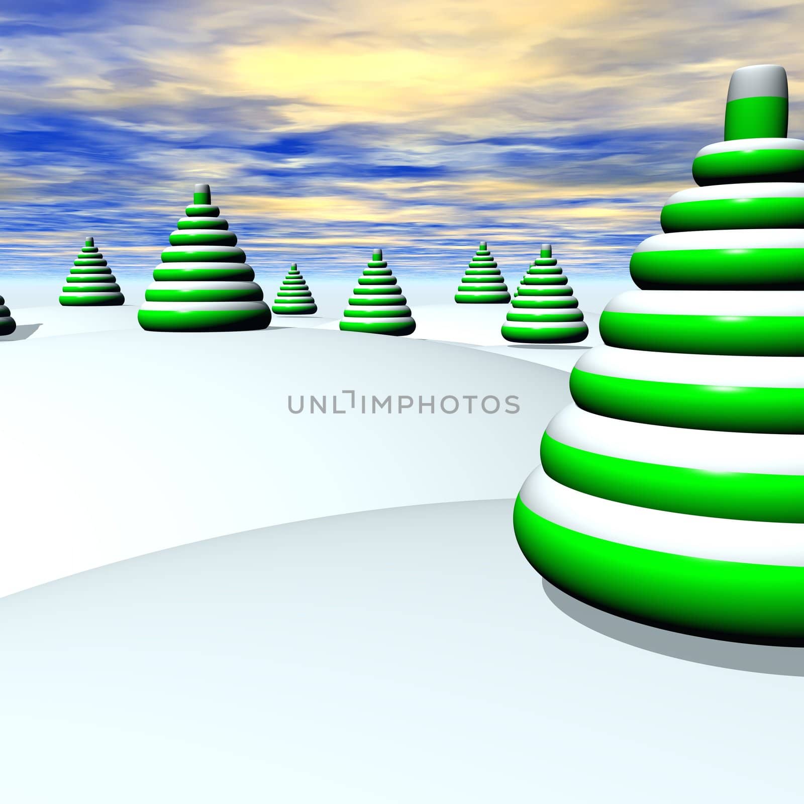 A virtual snowy world with abstract Christmas trees.