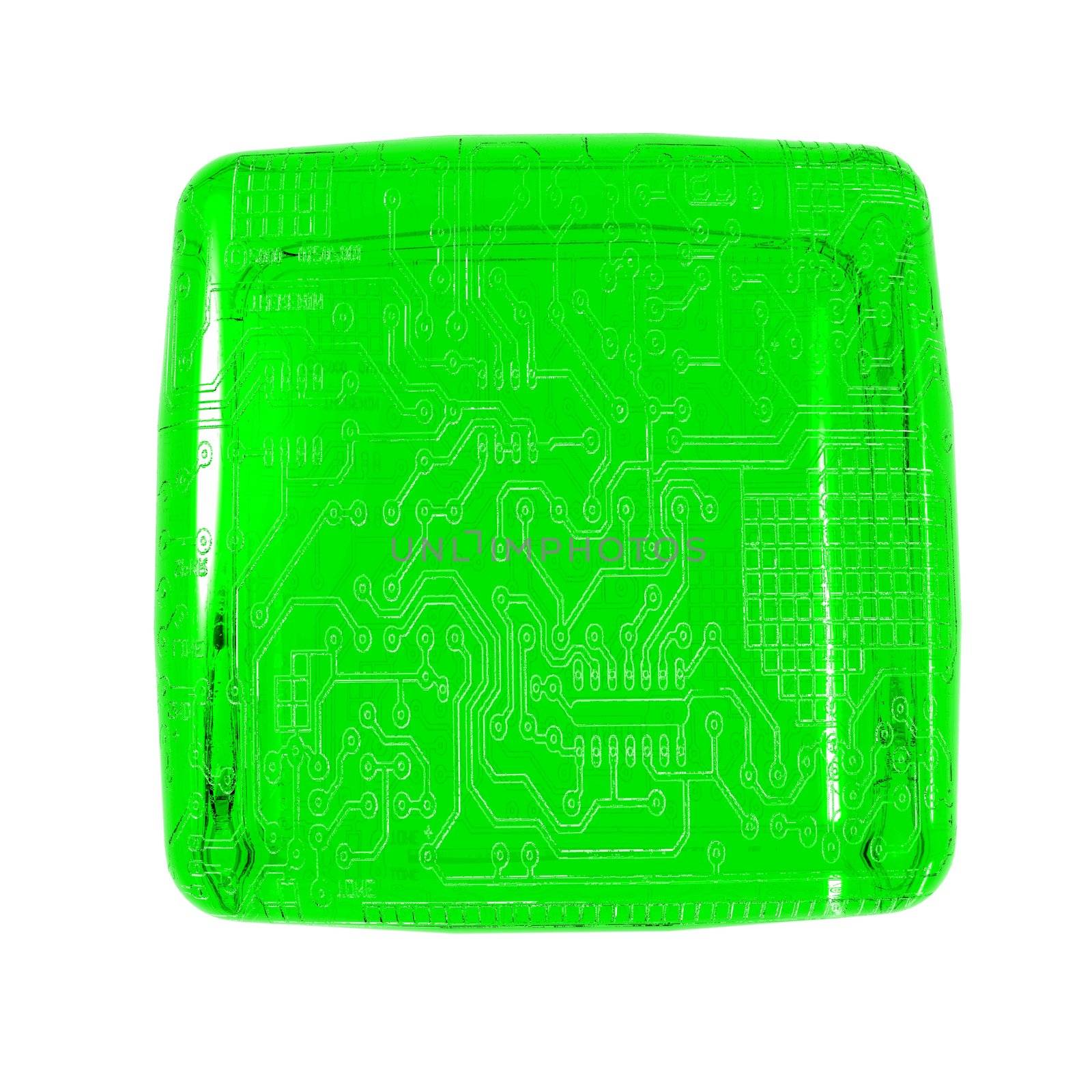 3D computer generate gel cube with a circuit board imprint.