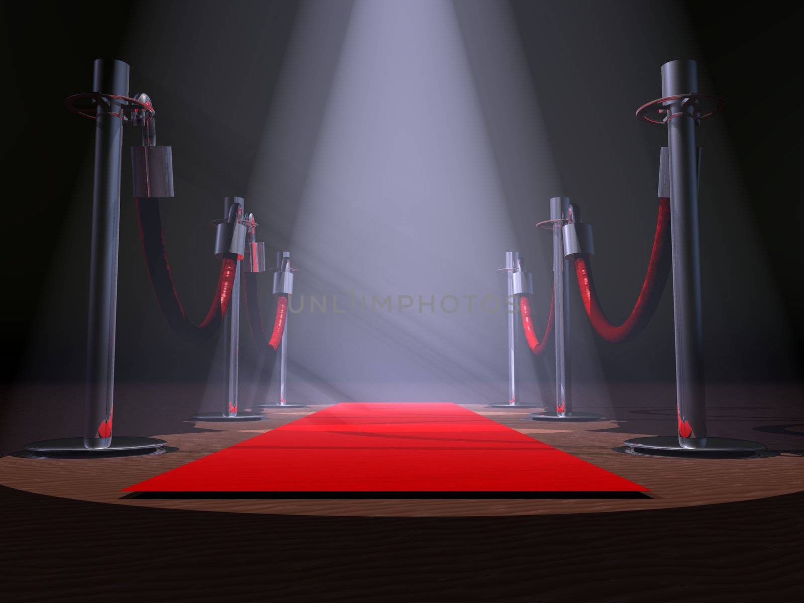 A red carpet with stanchions and spot lights.