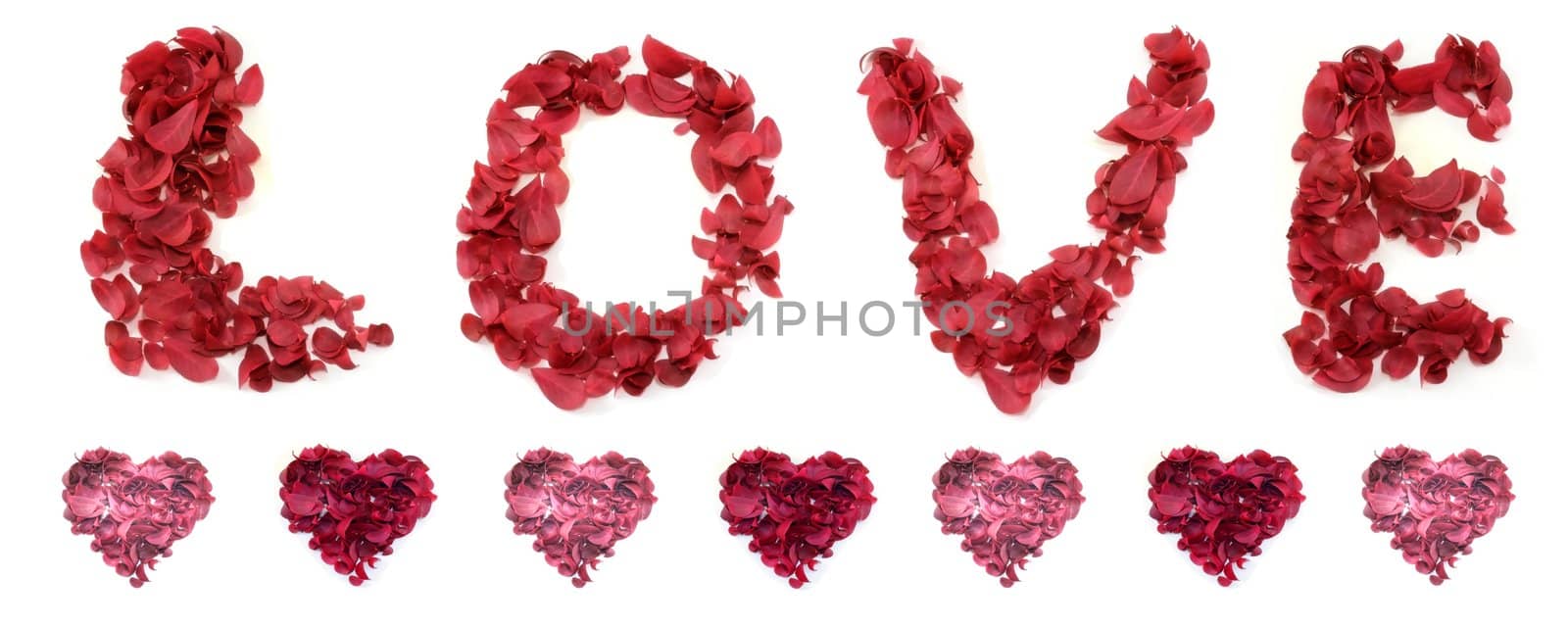 The word LOVE spelled using red leaves with hearts.