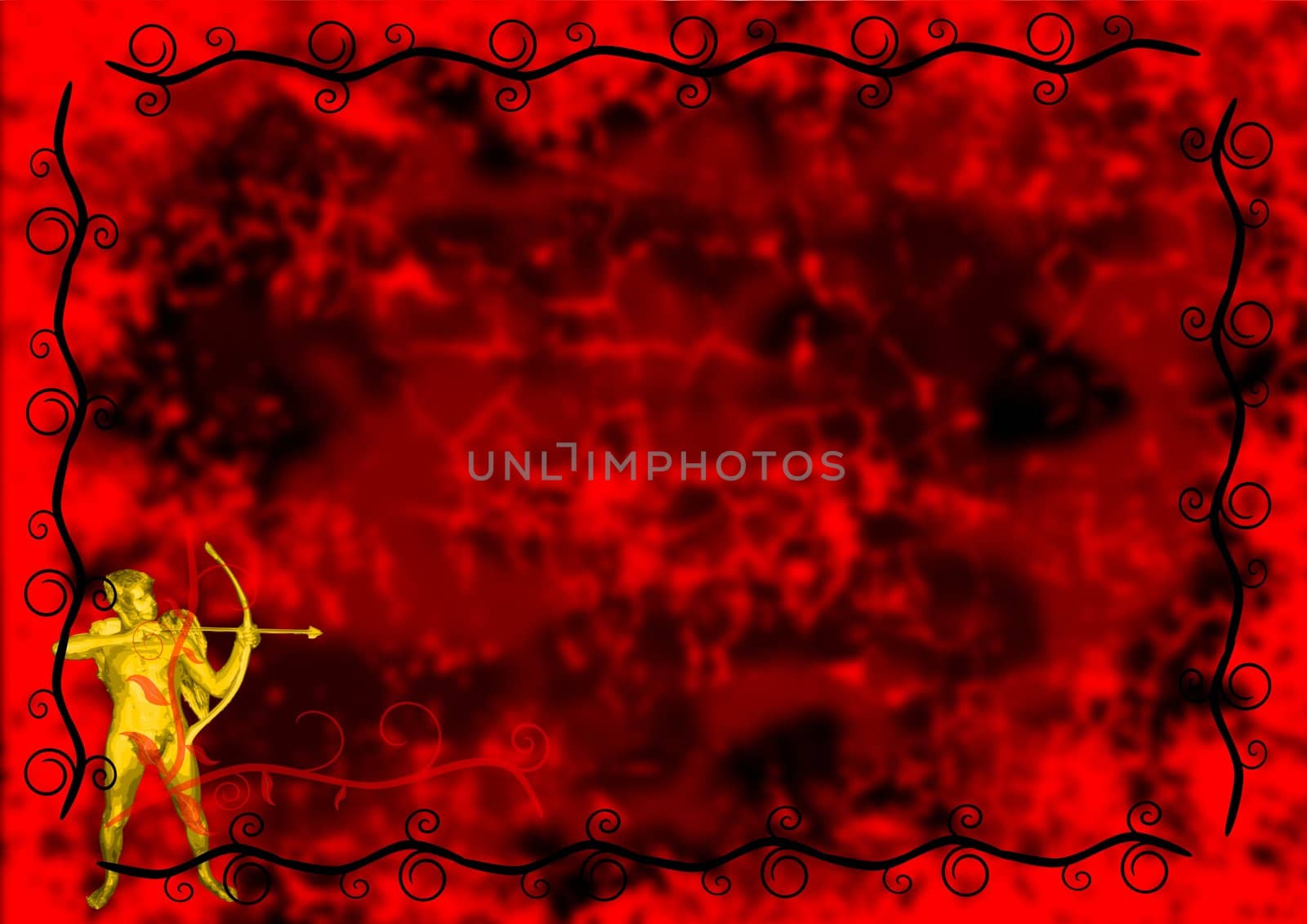 A golden cupid on a passionate red background with copy space.