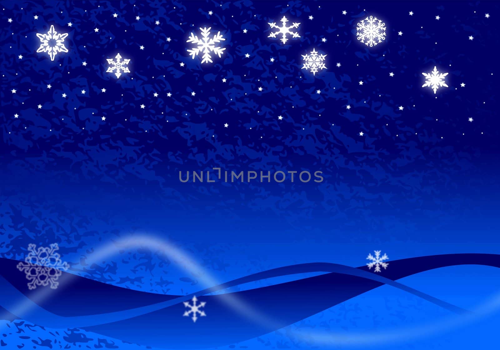Christmas illustration of glowing snowflakes and stars with abstract snow drifts and blowing snow on blue.