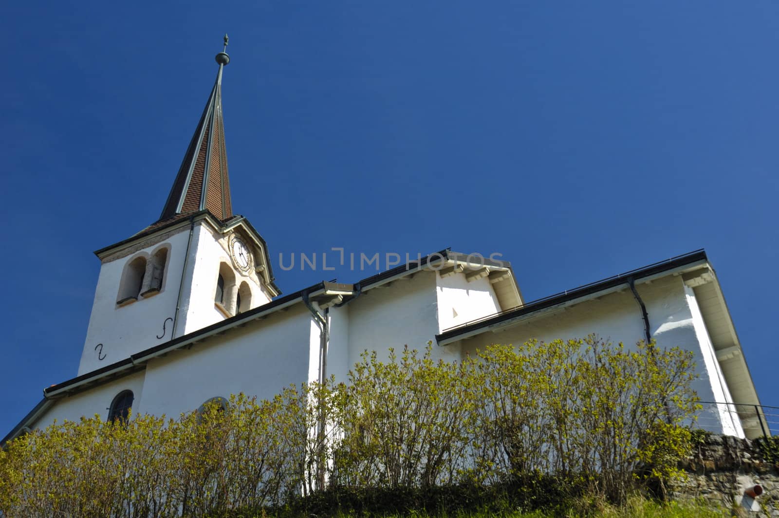 The church in the Swiss wine-growing village of Fechy, from a low viewpoint. Space for text in the clear blue sky.