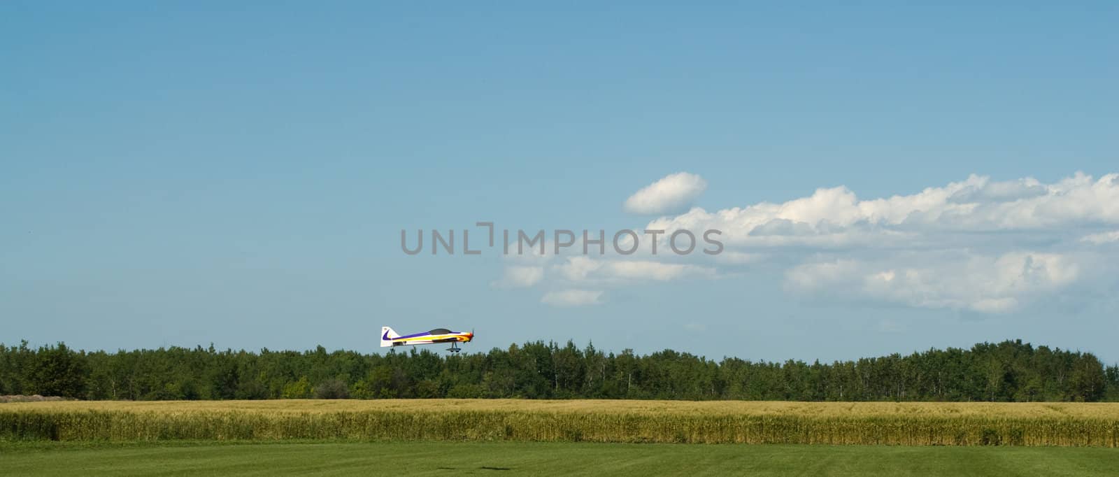 A small remote control plane coming in for a landing in a field