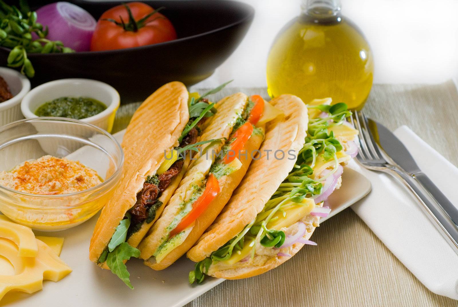 assortment of fresh homemade vegetarian  italian panini sandwich,typical italian snack