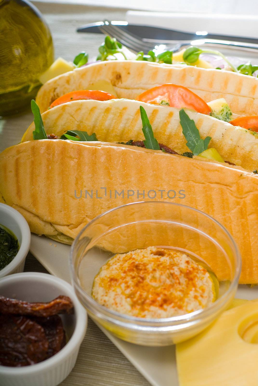 assortment of fresh homemade vegetarian  italian panini sandwich,typical italian snack