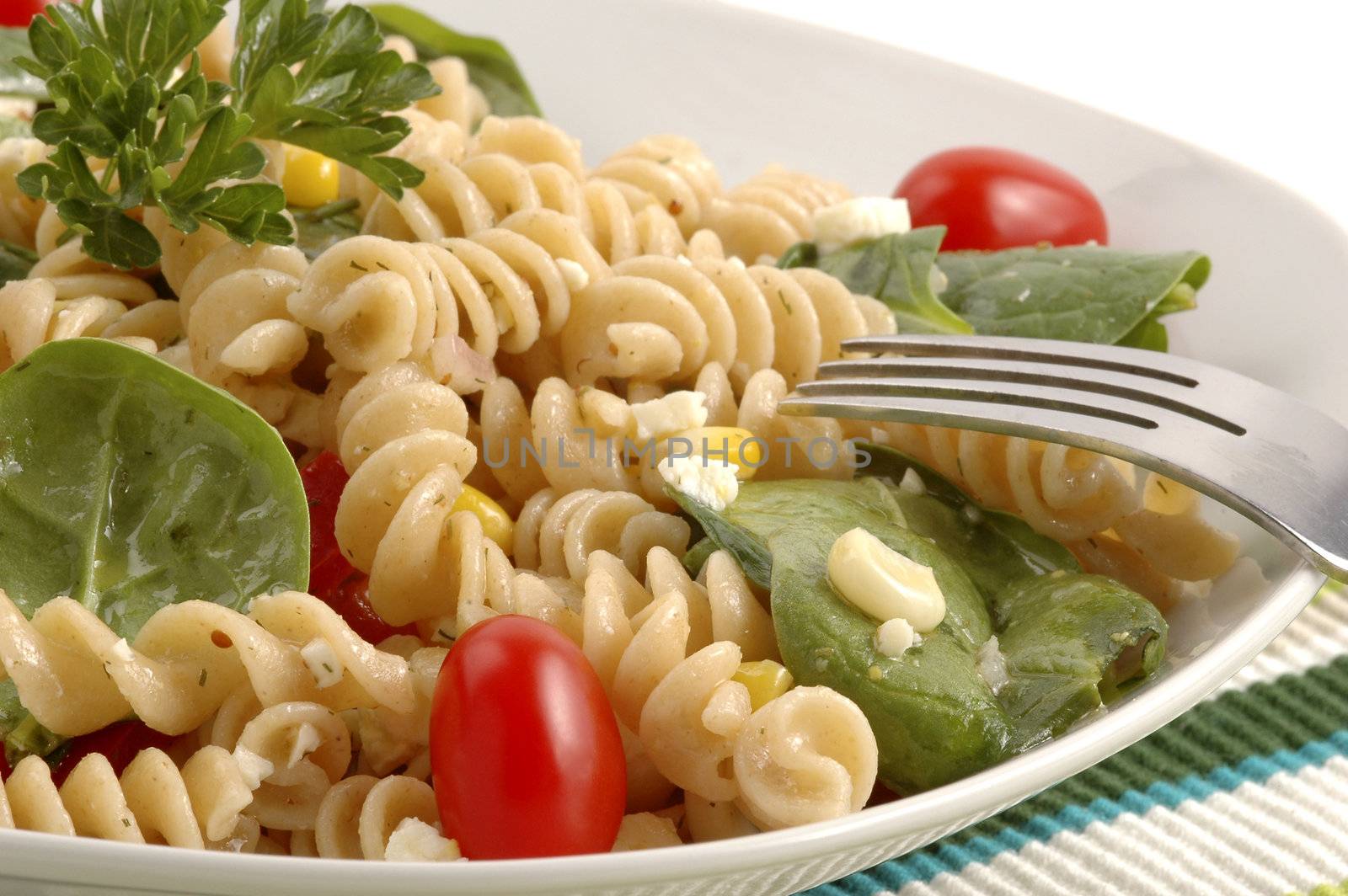 Pasta salad made with a variety of fresh garden vegetables.