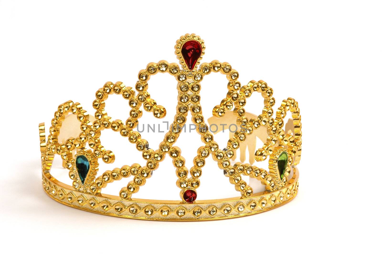 Gold tiara studded with fake jewels and diamonds.
