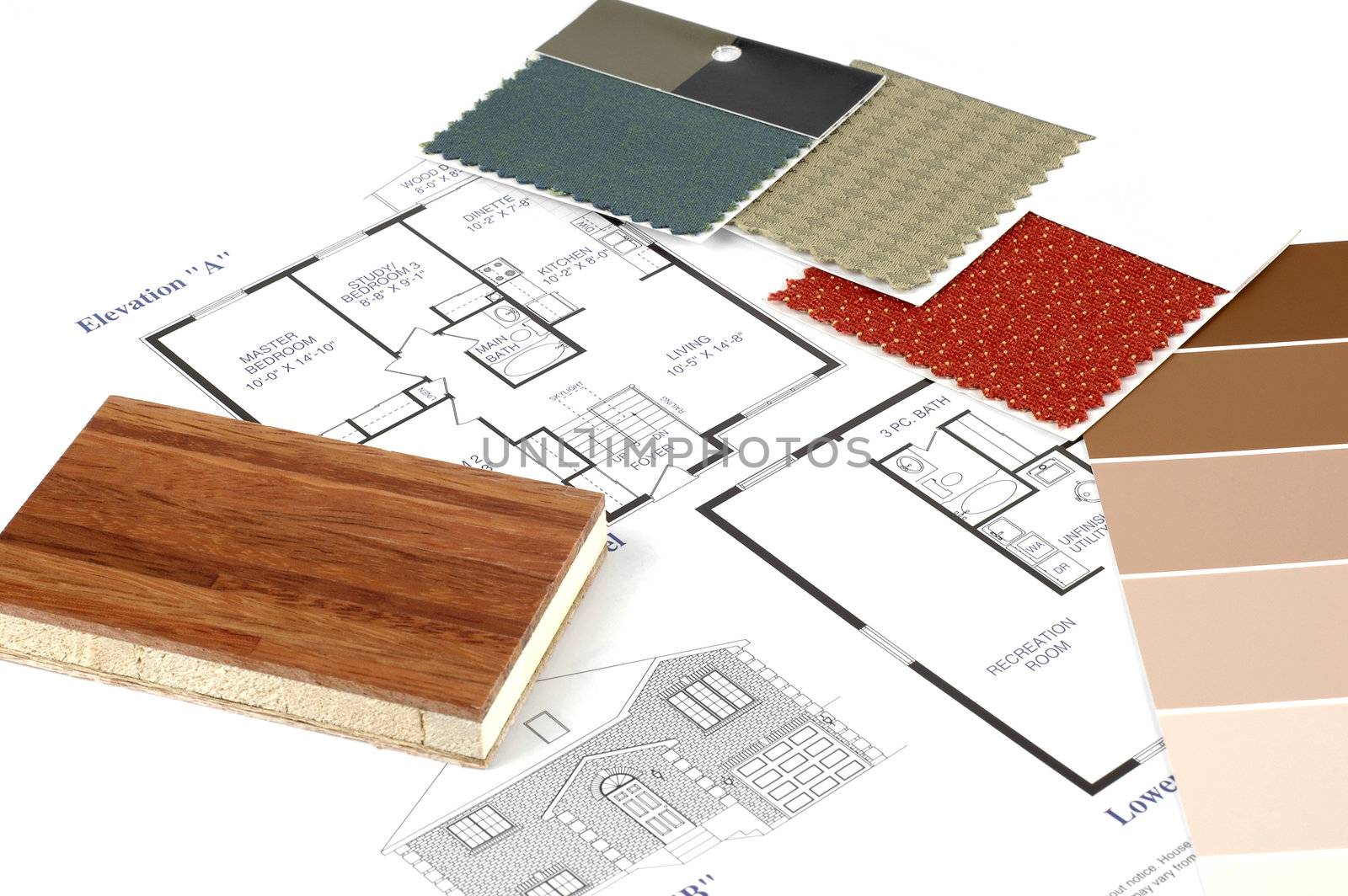 Home plans and decorating samples on a white background.