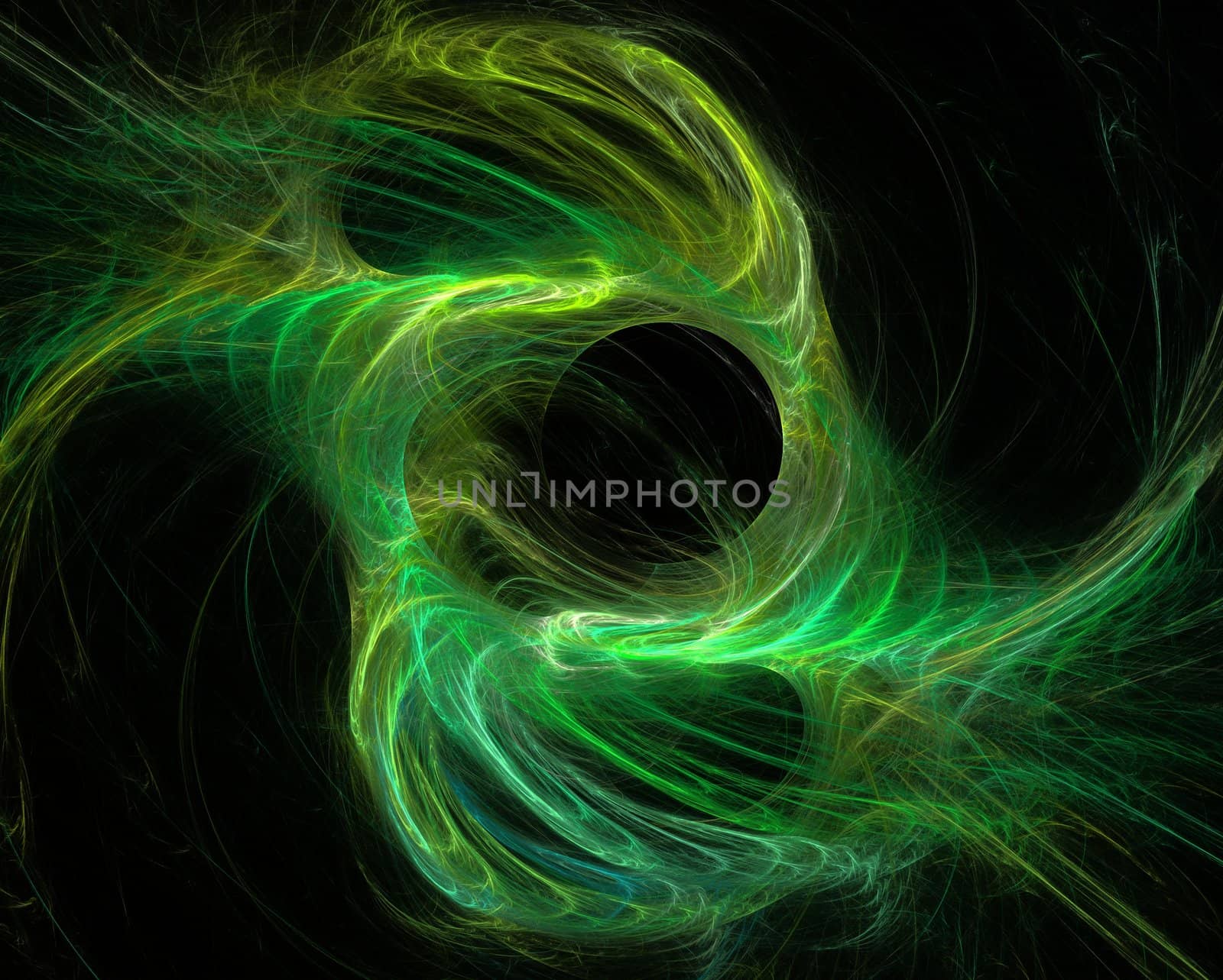 Abstract green curves like feathers on a black background