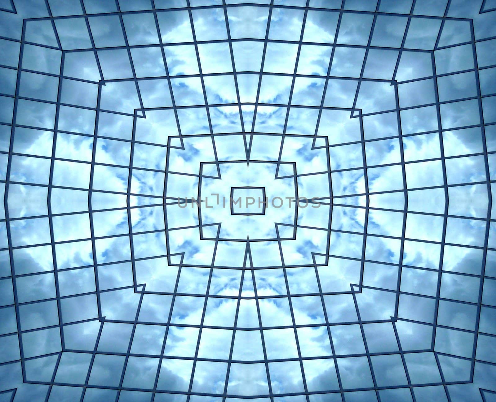 A seamless pattern background of some glass windows that are reflecting clouds.