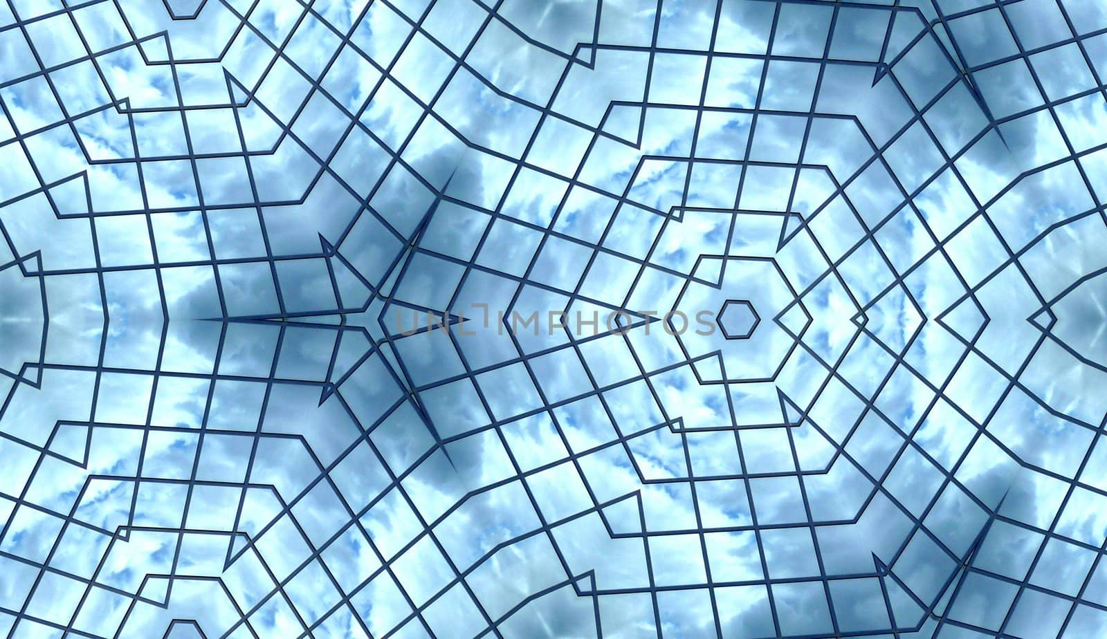 A seamless pattern background of some glass windows that are reflecting clouds.