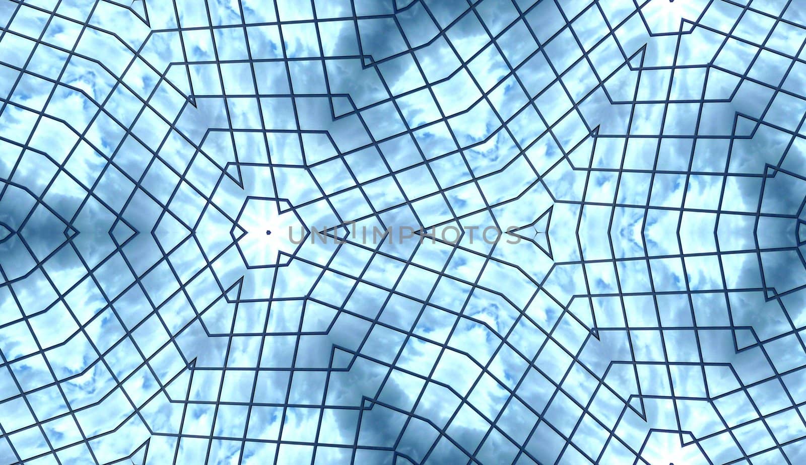 A seamless pattern background of some glass windows that are reflecting clouds.