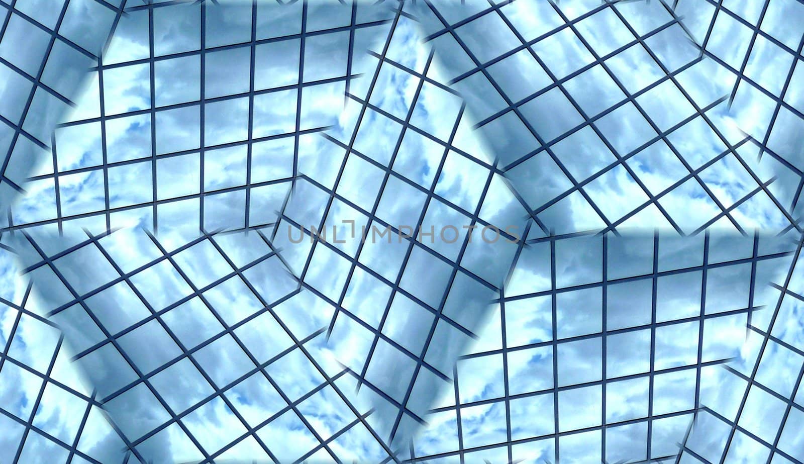 A seamless pattern background of some glass windows that are reflecting clouds.