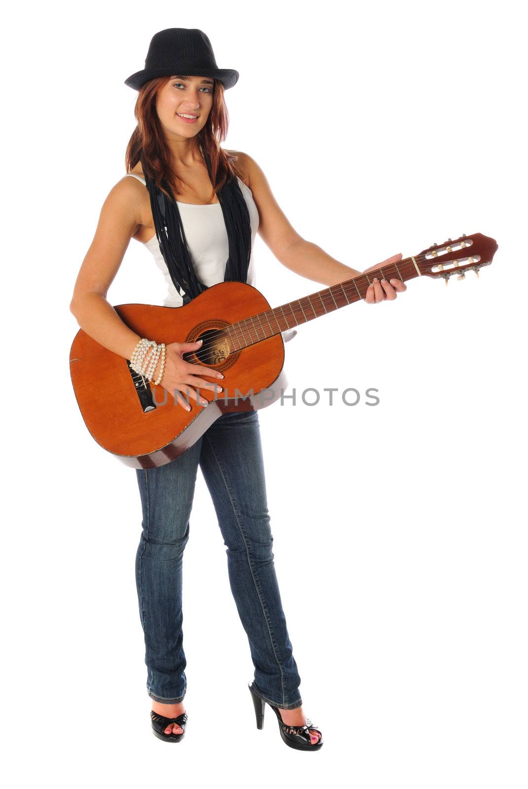 attractive woman with a guitar on white