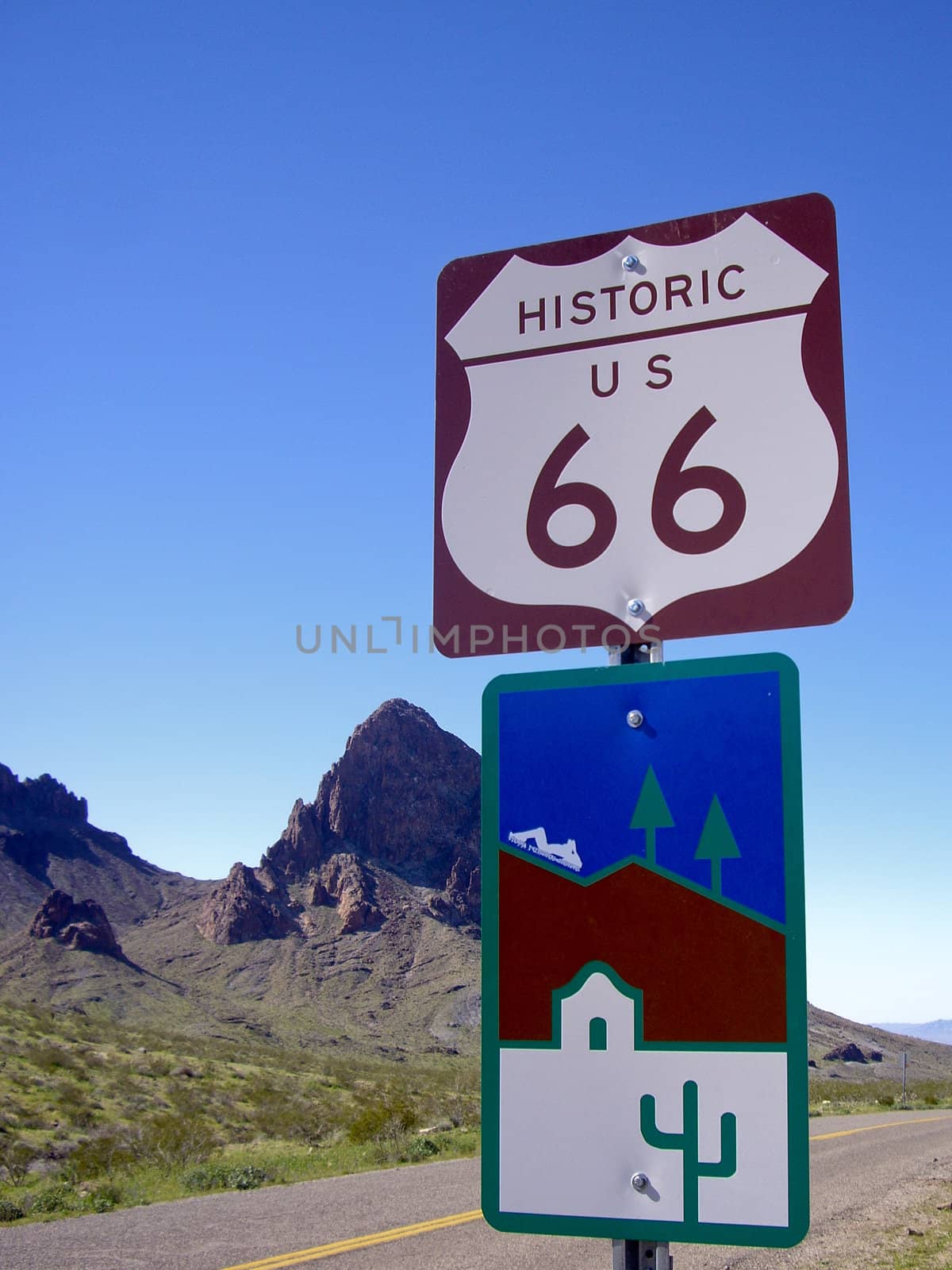 Historic Route 66 sign in desert setting Arizona USA
