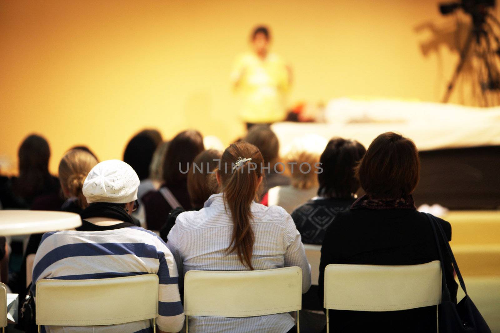 Seminar or training. The person listening can be seen from the rear.