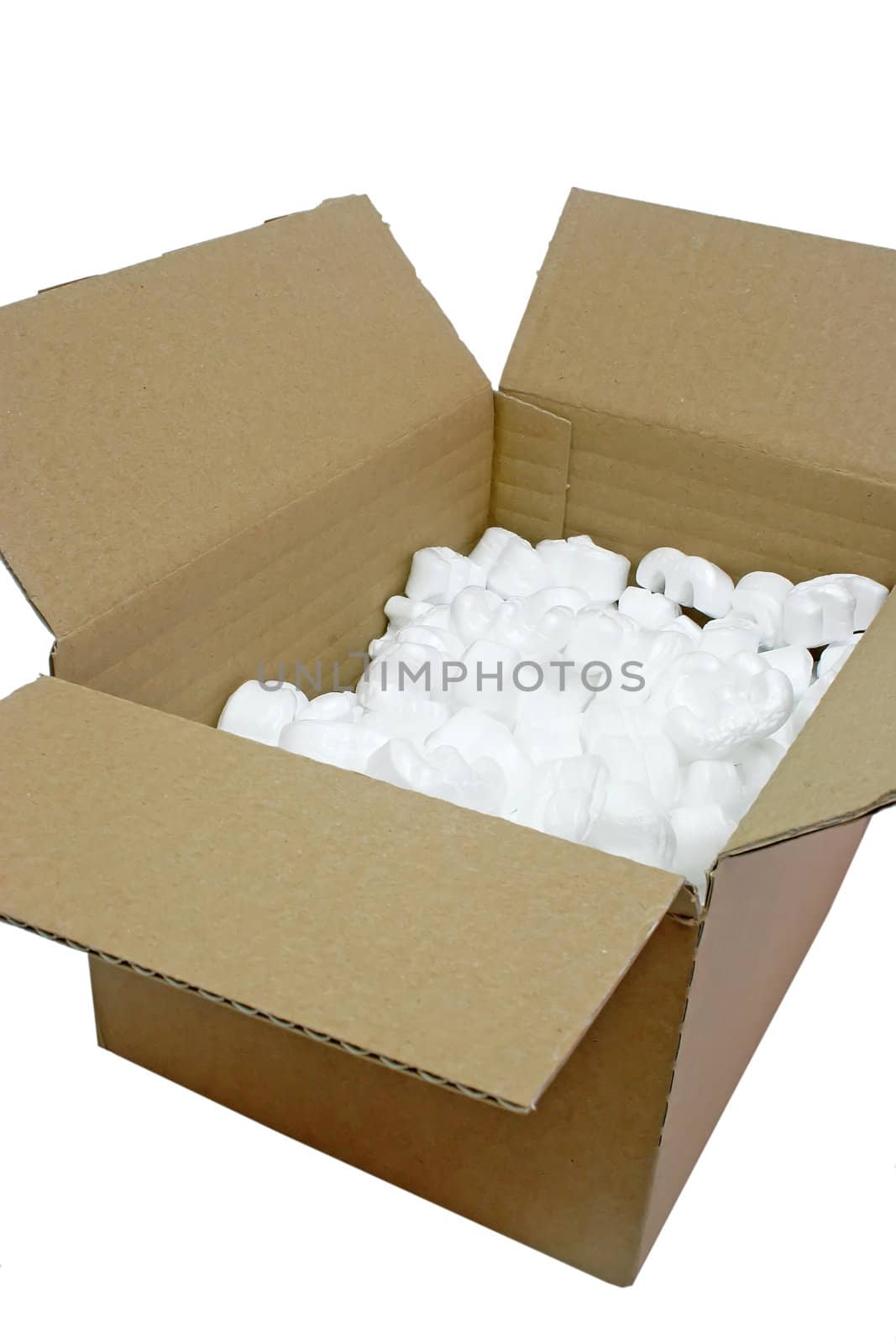 Brown box with styrofoam isolated on white background