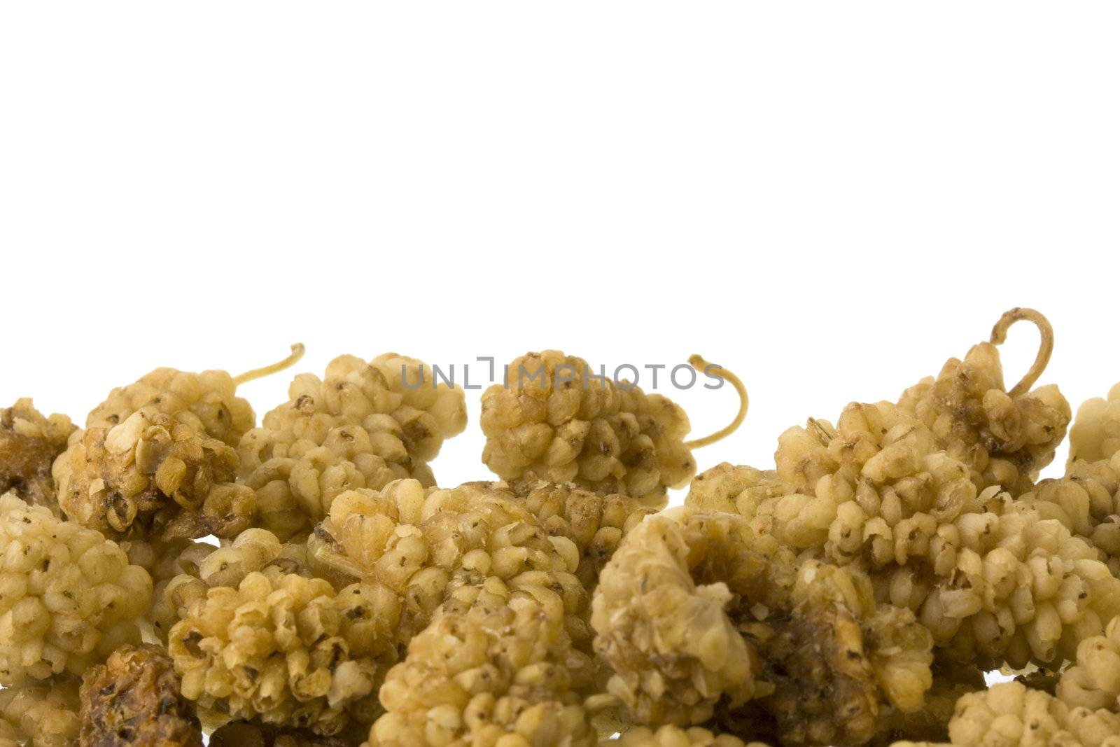 Dried mulberry fruits border. Designed as a bottom border of a page layout with copy space available above the image.