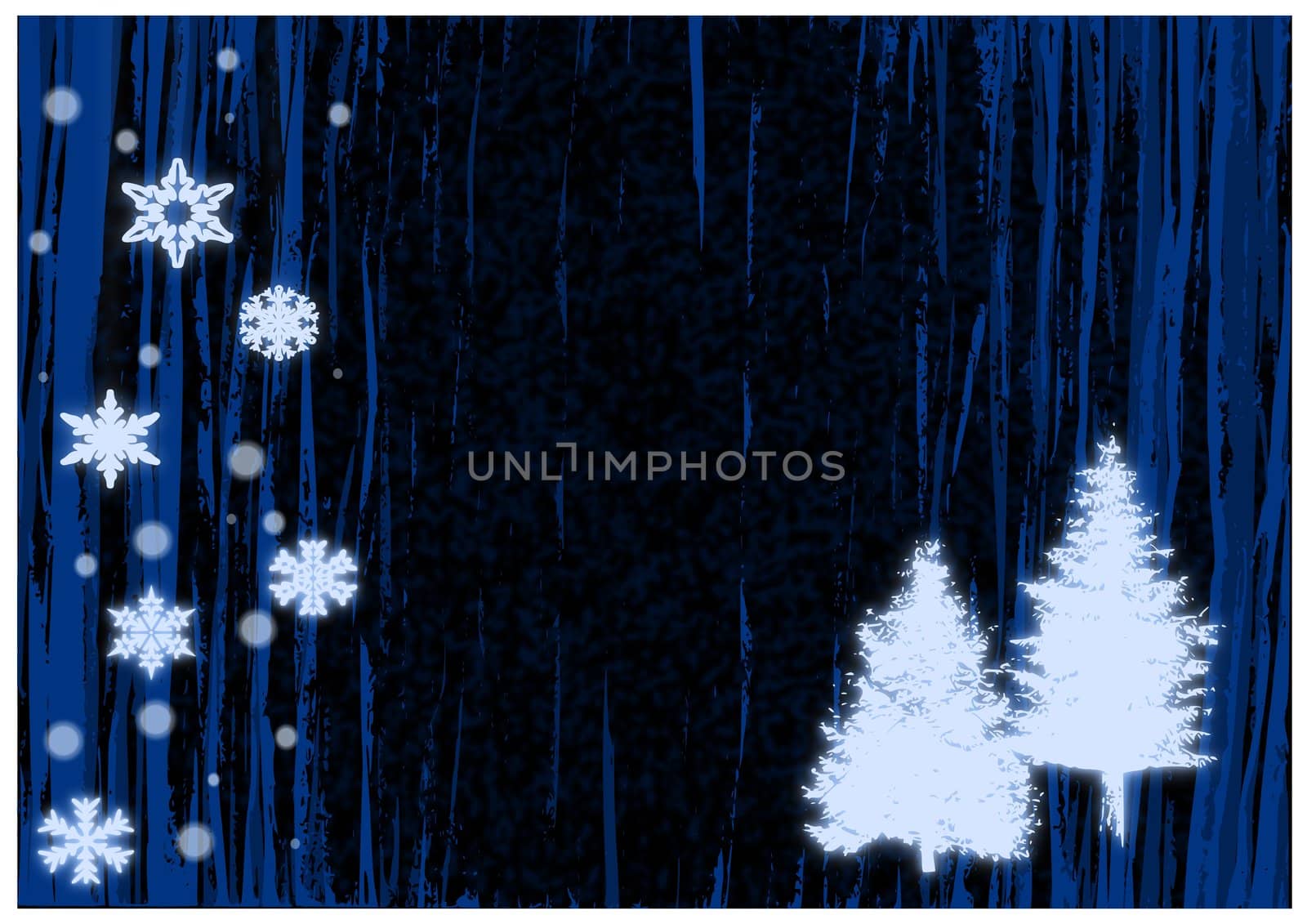 Christmas illustration of glowing blue snowflakes and trees.