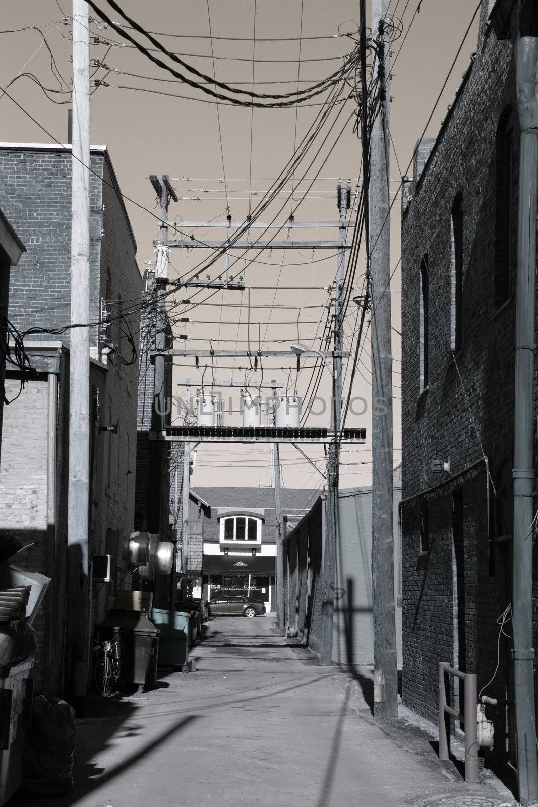 A small town alley somewhere in America shot with muted colors.