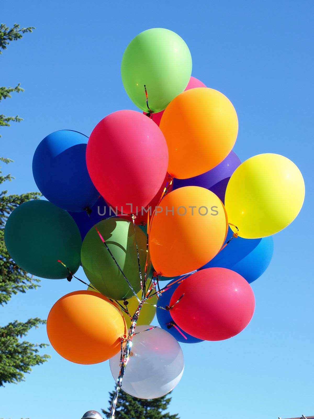A colorful bouquet of balloons in the sky
