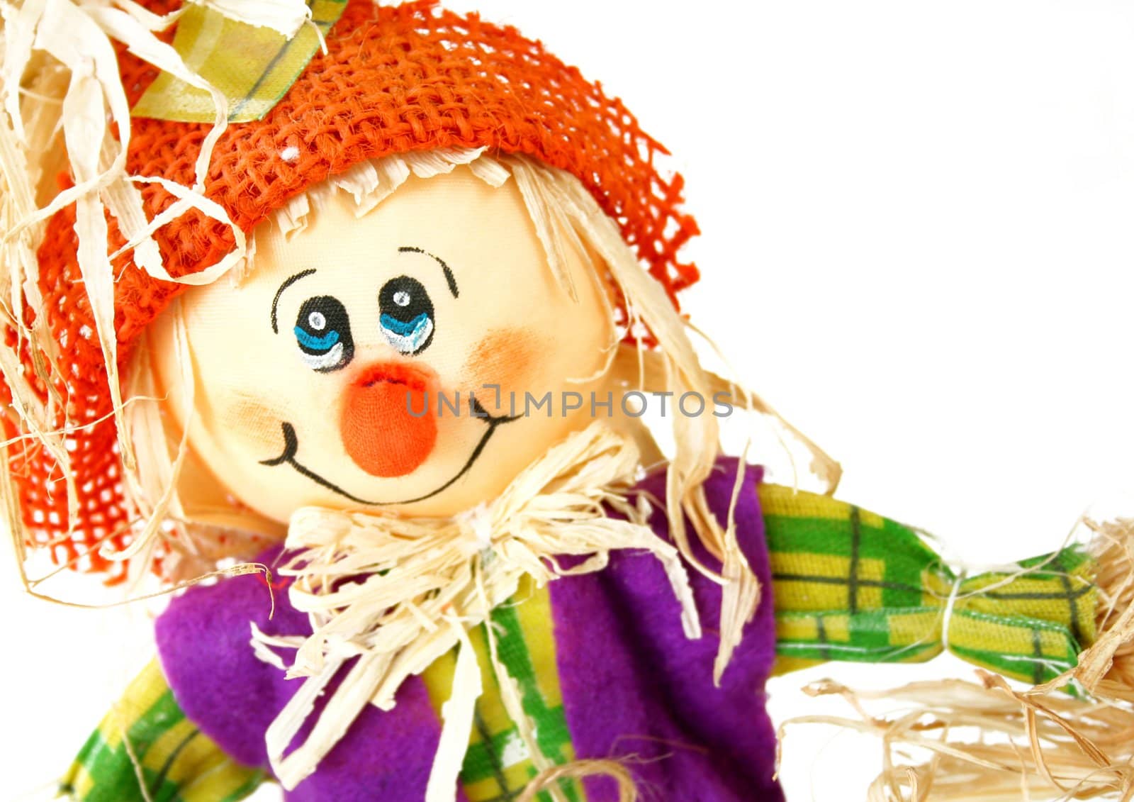 Close up of a scarecrow isolated on a white background. Used a shallow depth of field and selective focus on the face.