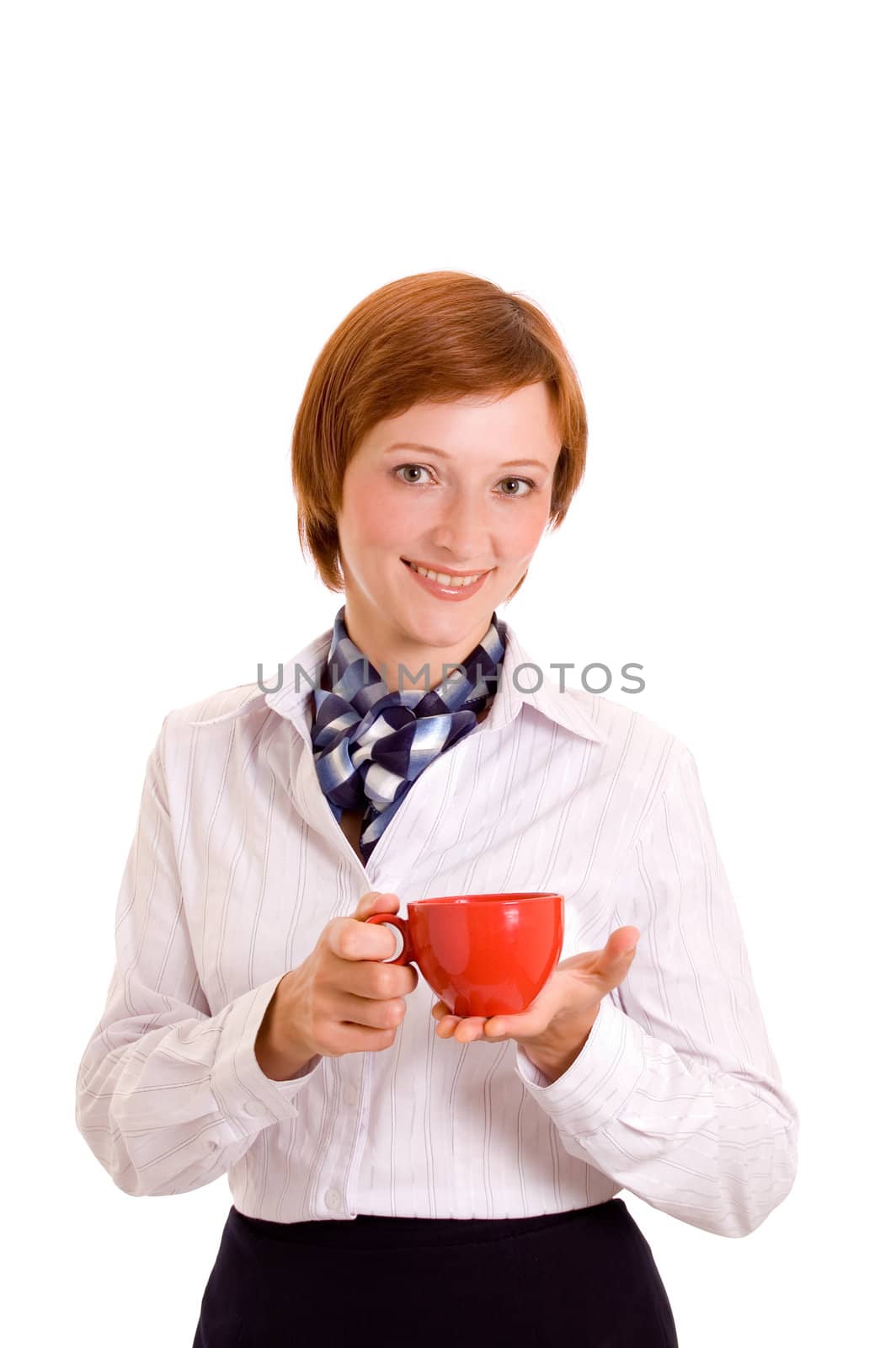 Beautiful young woman with a cup. Portrait in a high key.