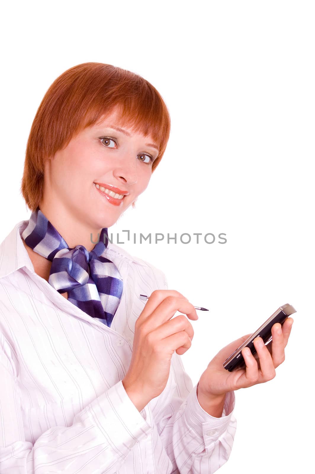 Girl with a mobile phone. Portrait in a high key.