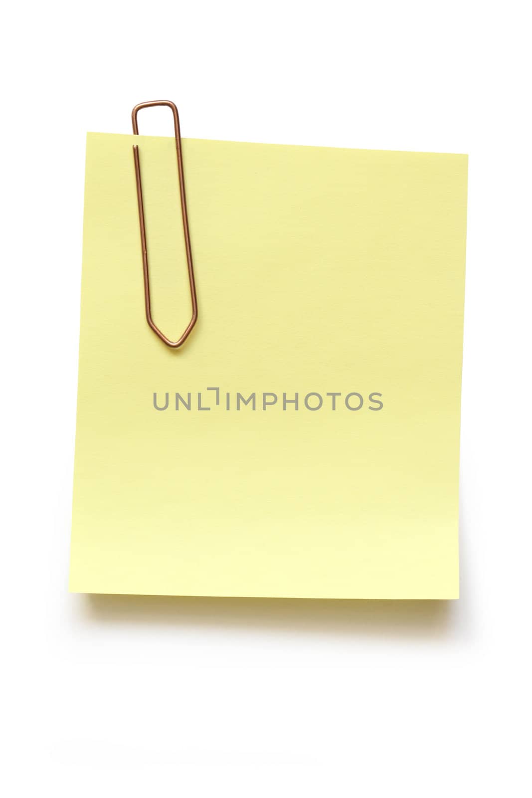 Blank yellow note with metal paper clip isolated on white background with clipping path