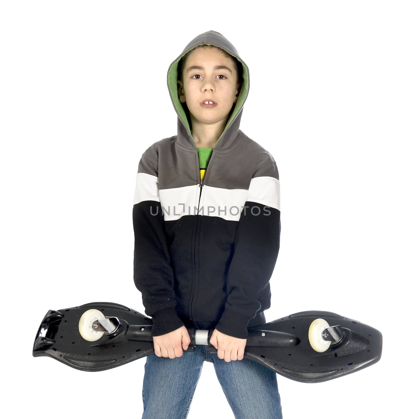 a boy with a waveboard on white