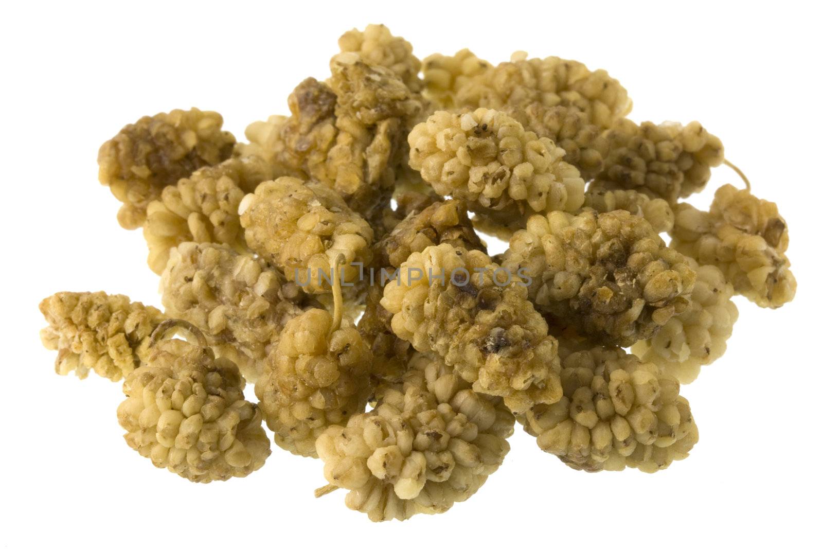 a pile of dried mulberry fruits isolated on white background