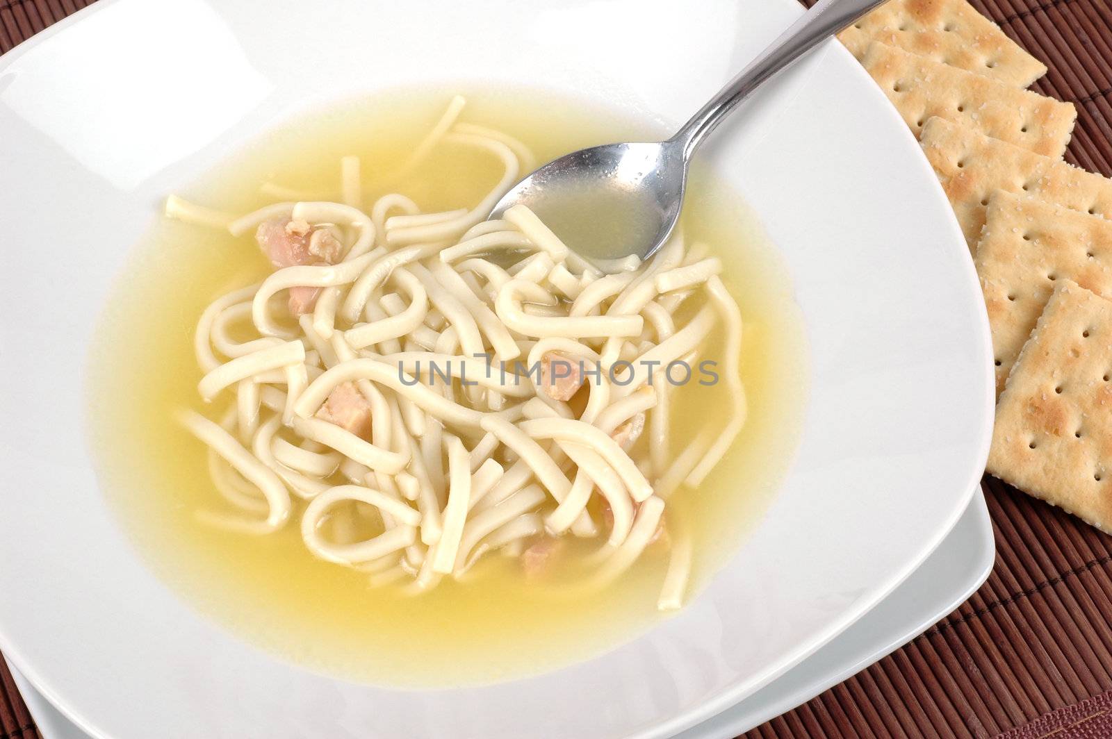 Bowl of delicious homemade chicken noodle soup.