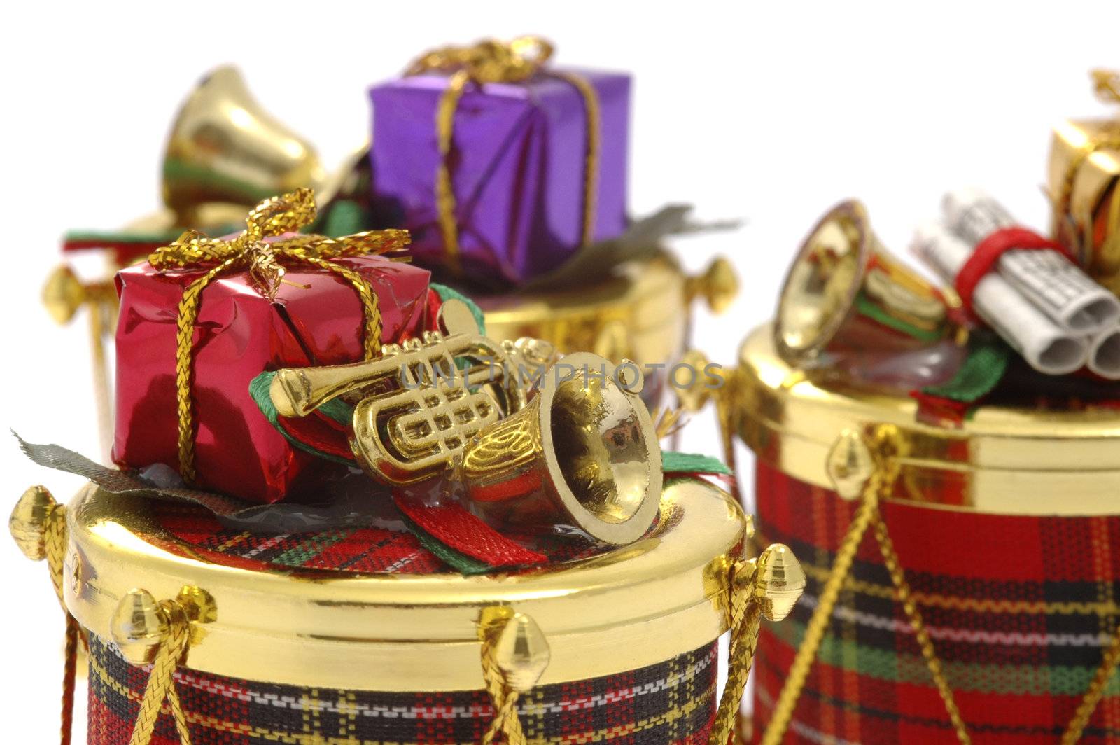 Colorful Christmas decorations on a white background.