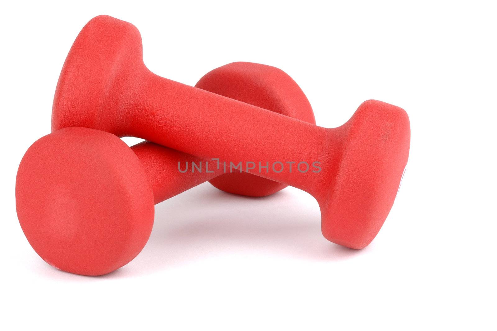 Red fitness weights on a white background.