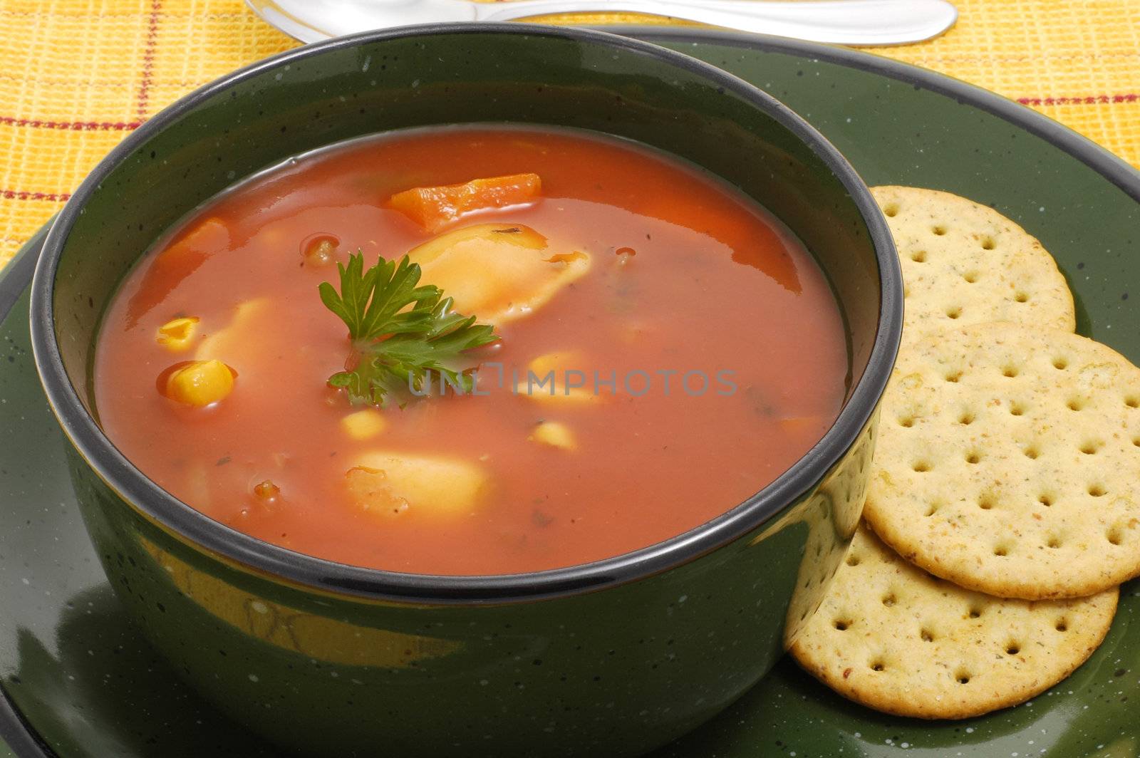 Bowl of hearty vegetable soup and crackers.
