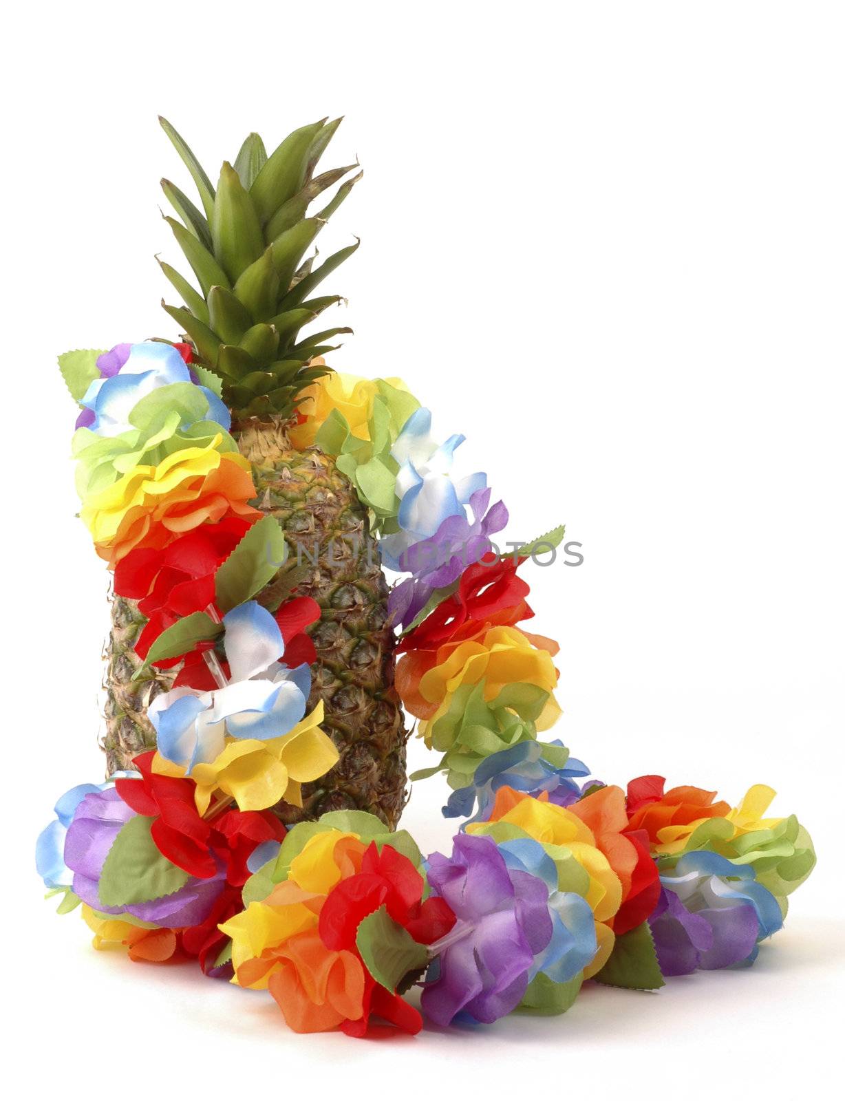 Colorful lei draped over a fresh pineapple.