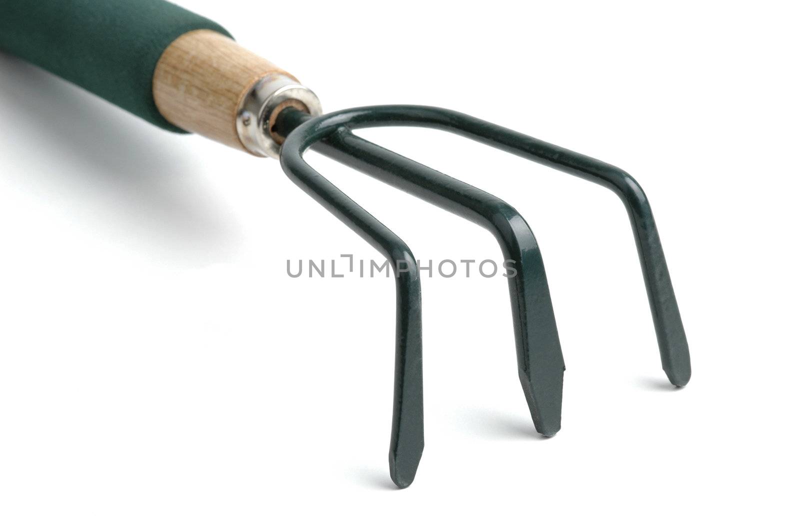 Green garden cultivator close-up on a white background.