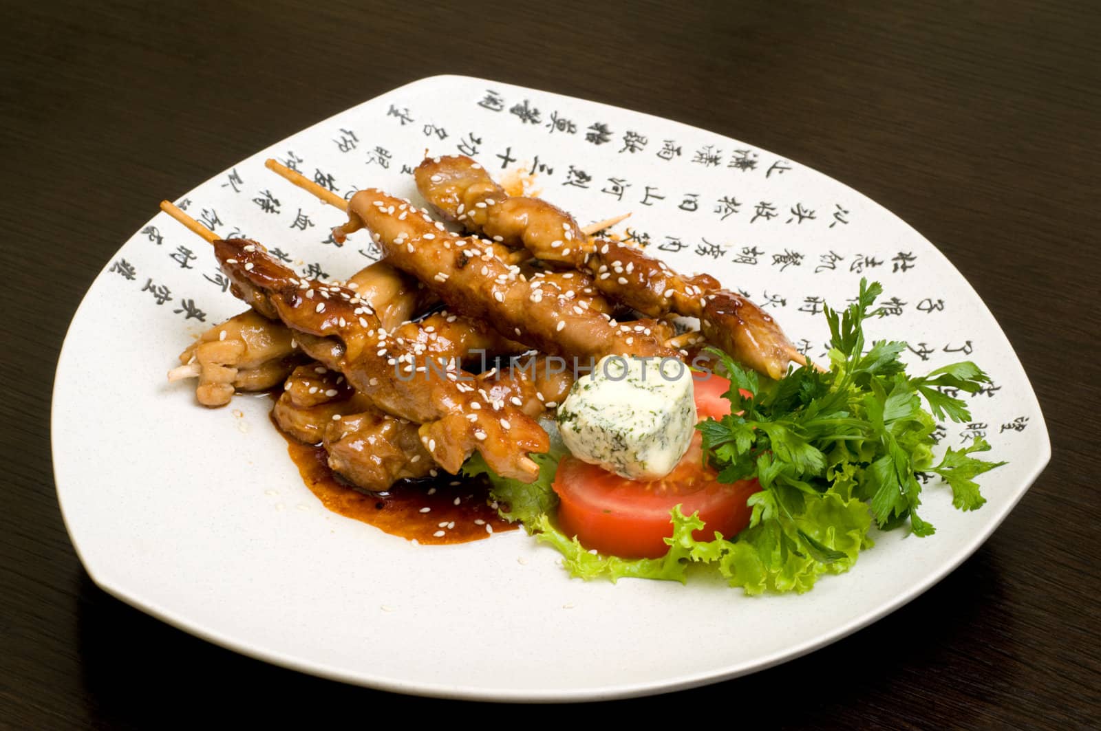 japanese oriental food on white dish, teriyaki