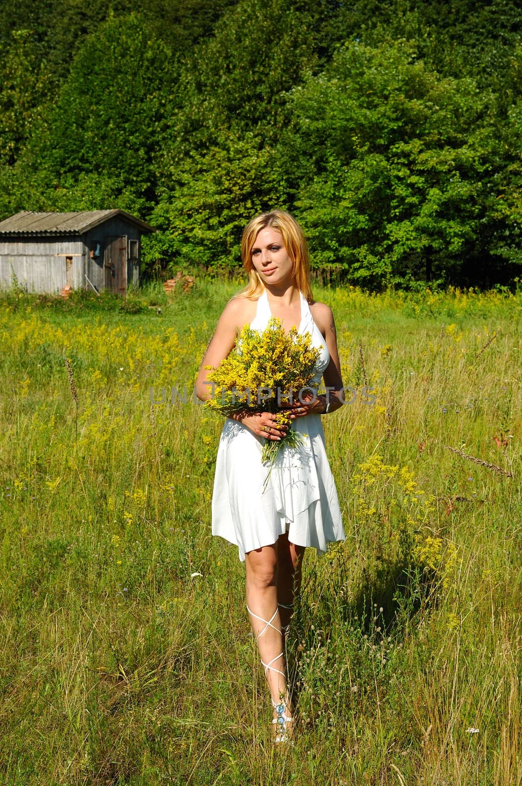 blond woman in white dress walking through the meadow