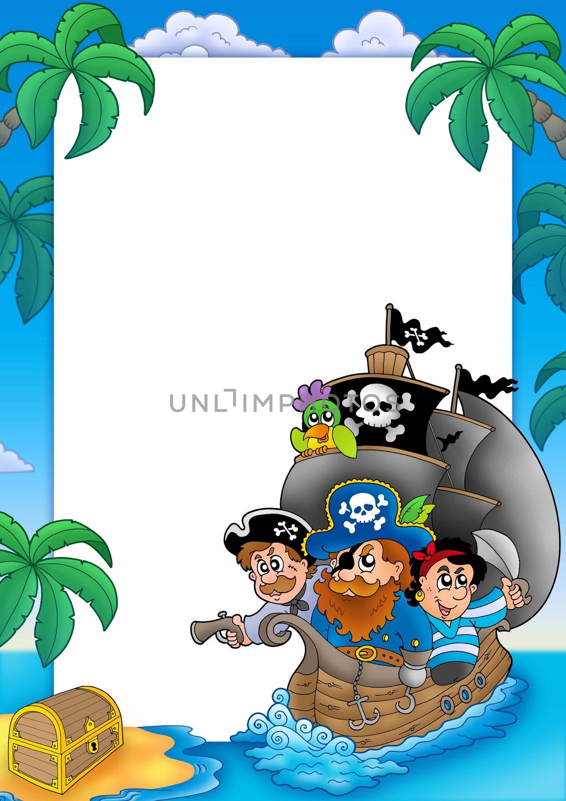 Frame with sailboat and pirates - color illustration.
