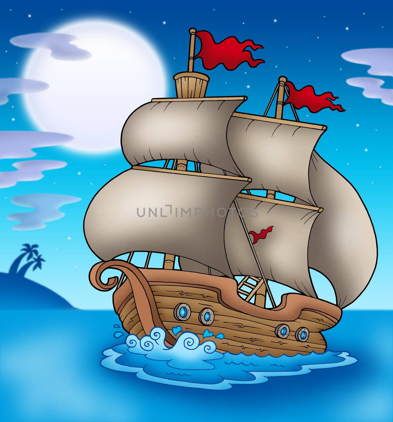 Old boat sailing sea at night - color illustration.