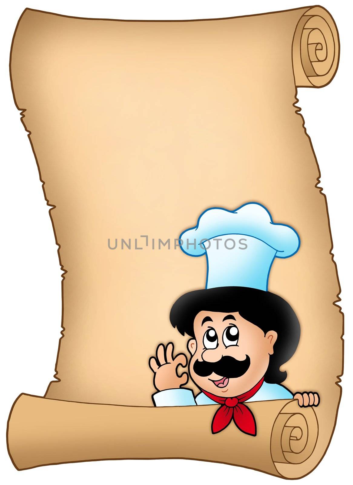 Parchment with lurking cartoon chef - color illustration.