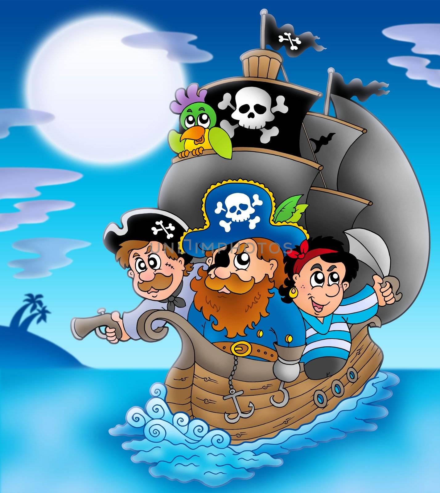 Sailboat with cartoon pirates at night by clairev