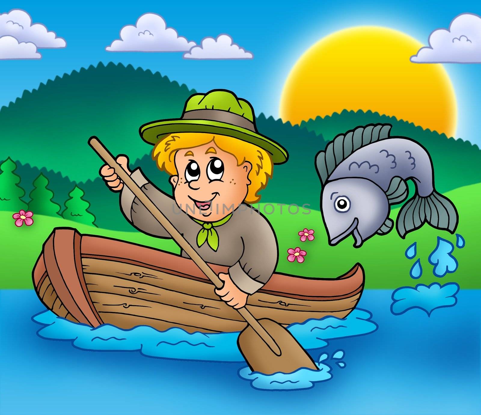 Scout boy in boat - color illustration.