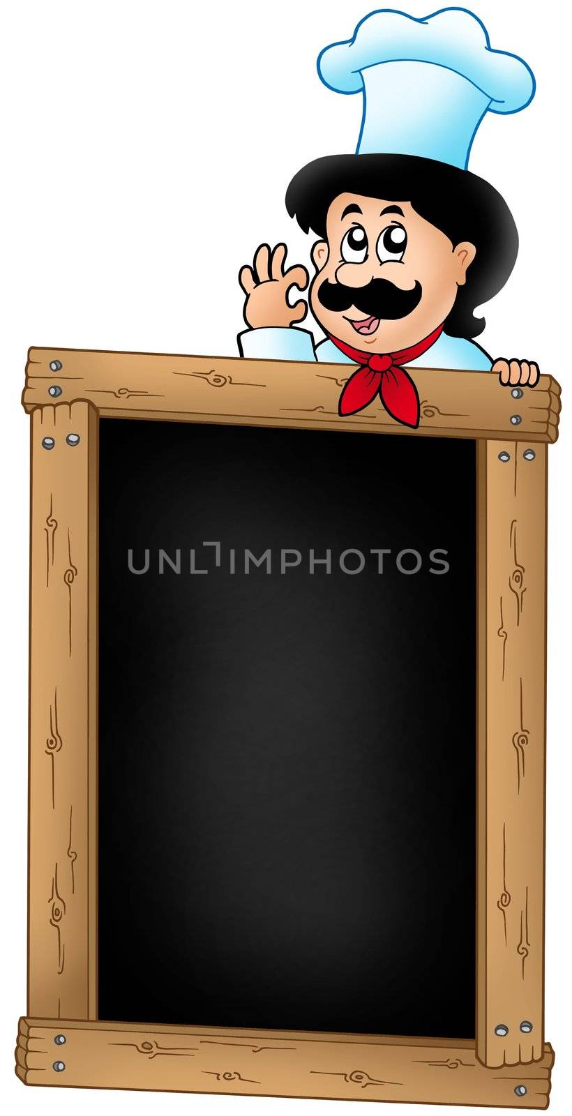 Wooden blackboard with cartoon chef - color illustration.