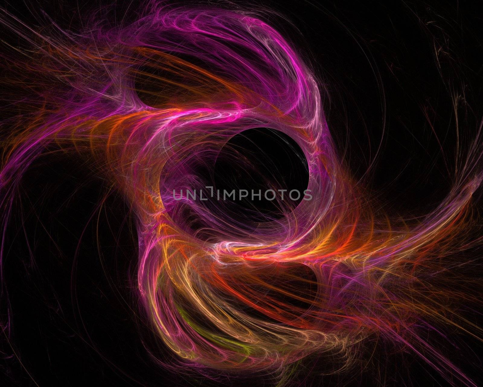Abstract colored curves like feathers on a black background