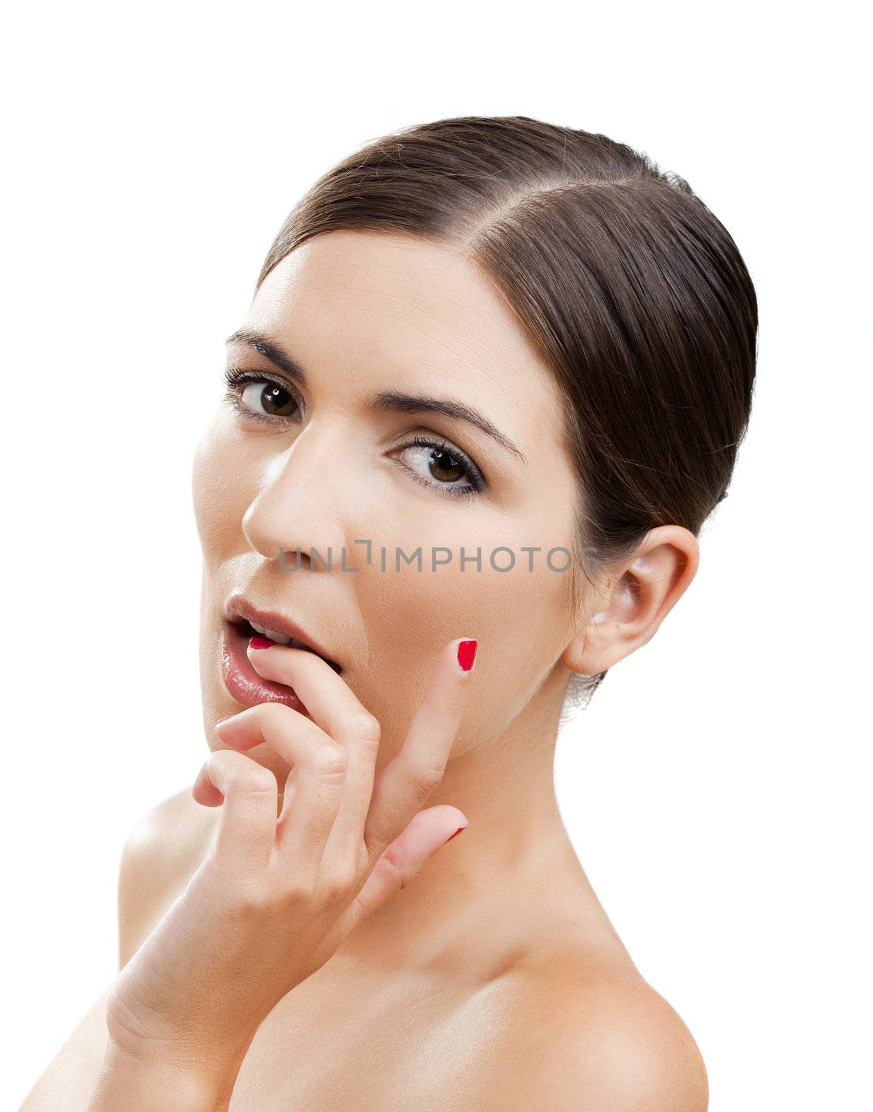 Close-up portrait of a beautiful and fresh woman isolated on white